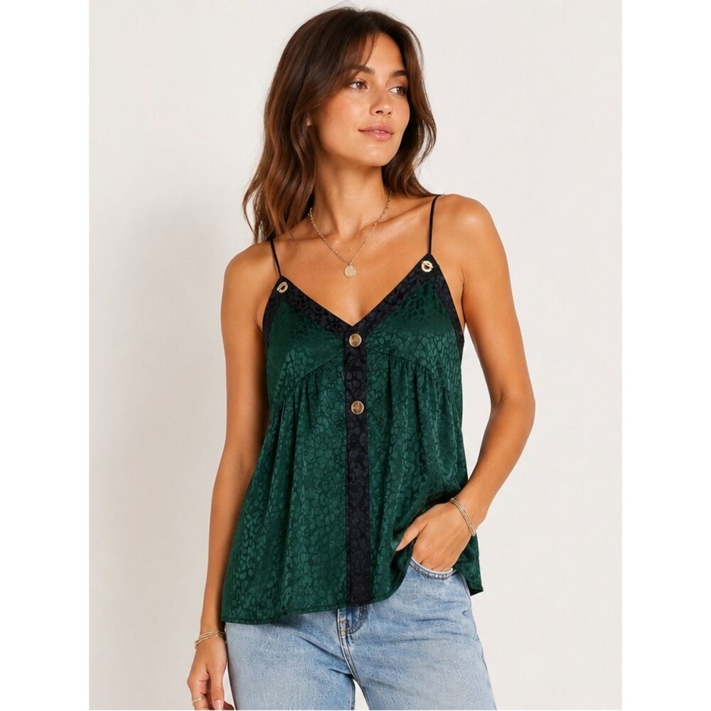 Zara Basic Green Animal Print Satin Cami Tank Top Size Large